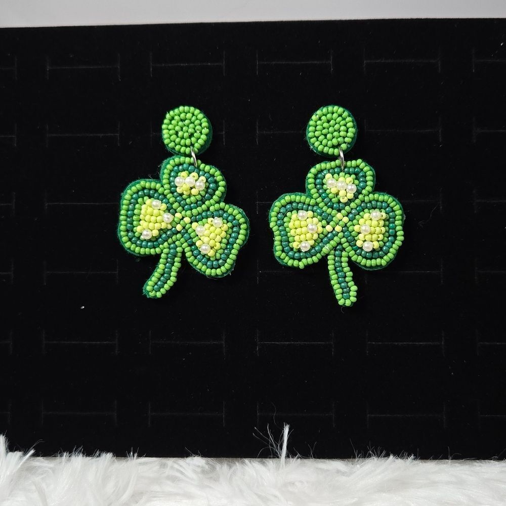 Green Beaded Clover Earrings St Patrick’s Day Rice Bead Drop 2.25" Lucky Charm